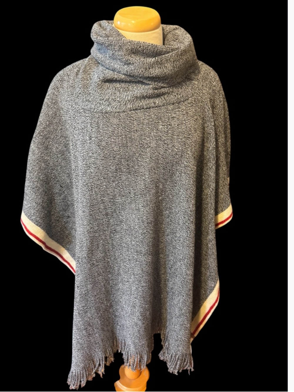 Roots Gray Cowl-Neck Poncho with Cream & Red Stripe Trim used once ,like new